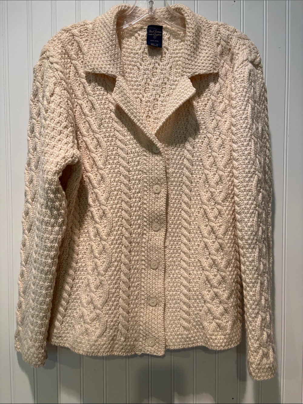 Paul James 100% Wool Cream  Chunky Cable-Knit Cardigan Size Medium